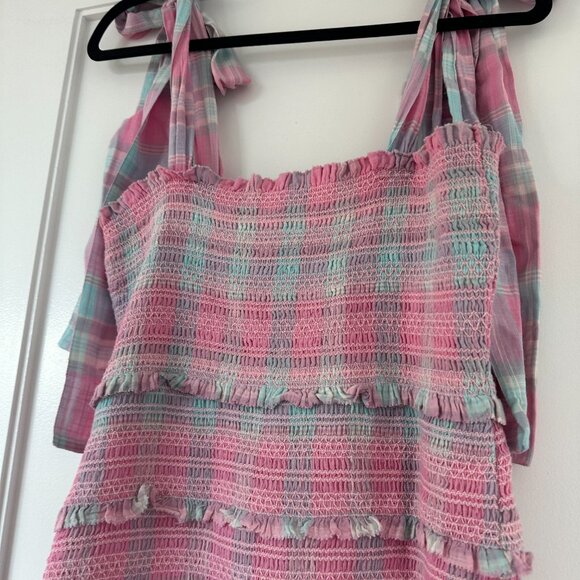 NWT LoveShackFancy Belle Mini Dress Pink Plaid Large Tie Shoulder Straps Smocked - Picture 10 of 10